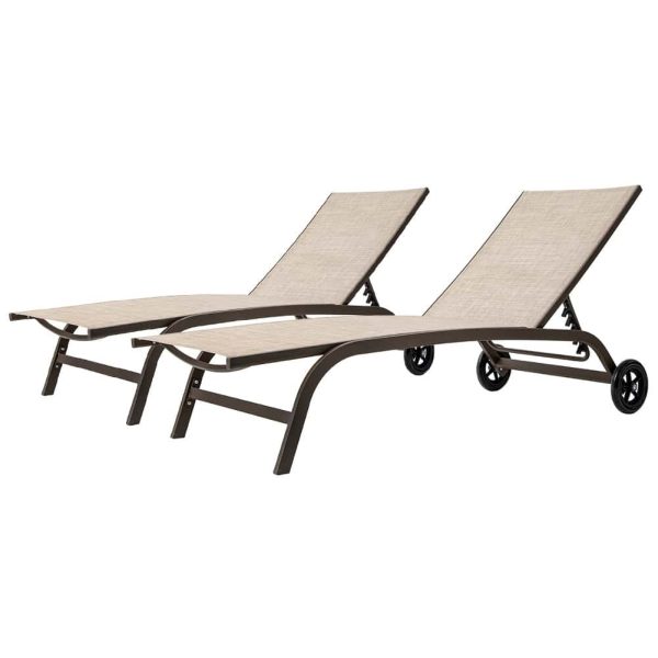 Crestlive Products Patio chaise lounge Set of 2 Aluminum Frame In Classic Brown with Off-white Textilene Fabric Sling Seat