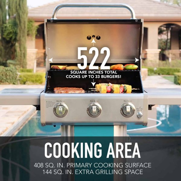 Teal 3-Burner Liquid Propane Gas Grill - Image 10