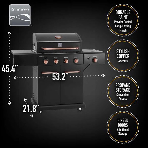 Black with Copper Accents 4-Burner Liquid Propane Gas Grill with 1 Side Burner - Image 3