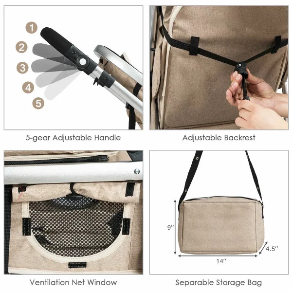 Costway Folding Aluminum Infant Bassinet Reversible Baby Stroller W/ Diaper Bag Beige - Image 3