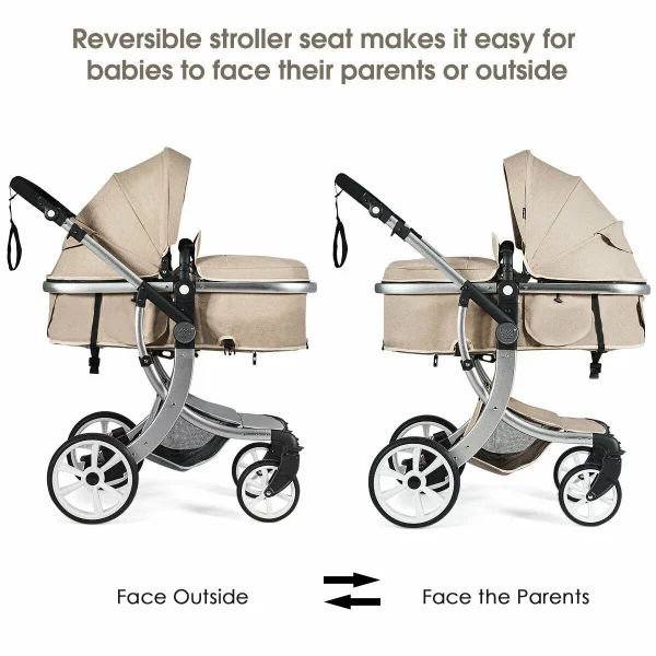 Costway Folding Aluminum Infant Bassinet Reversible Baby Stroller W/ Diaper Bag Beige - Image 8