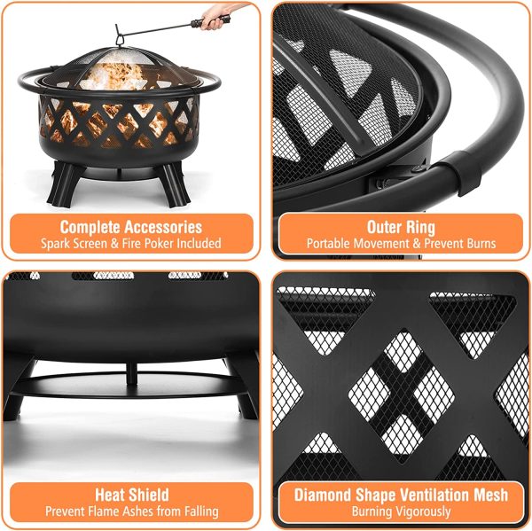 AKSG 2 in 1 Fire Pit with Cooking Grate 30  Wood Burning Firepit Outdoor Fire Pits Steel Firepit Bowl Outside with Swivel BBQ Grill, Spark Screen, Poker for Backyard Garden Bonfire Patio - Image 4
