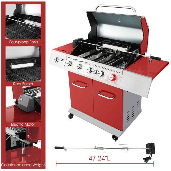 Red 5-Burner Liquid Propane Infrared Gas Grill with 1 Side Burner - Image 4