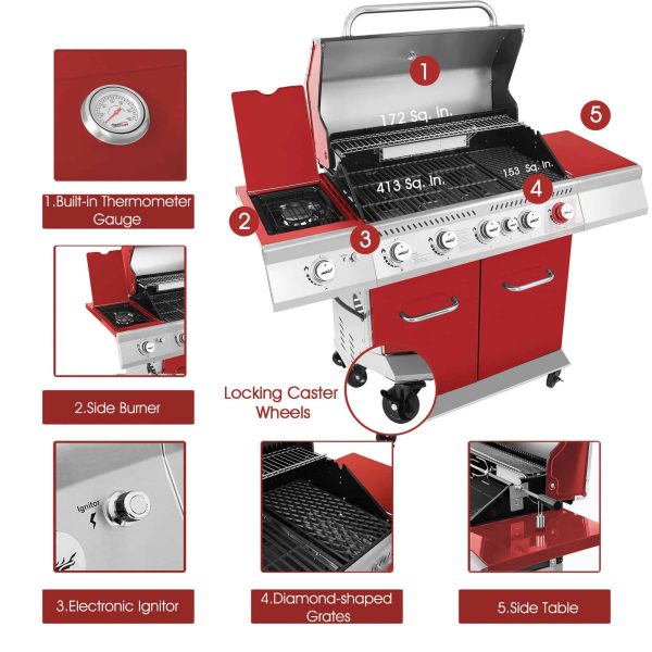 Red 5-Burner Liquid Propane Infrared Gas Grill with 1 Side Burner - Image 3