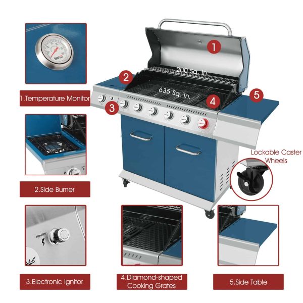 Blue 6-Burner Liquid Propane Gas Grill with 1 Side Burner - Image 4