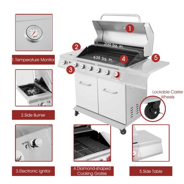 Stainless Steel 6-Burner Liquid Propane Gas Grill with 1 Side Burner - Image 4