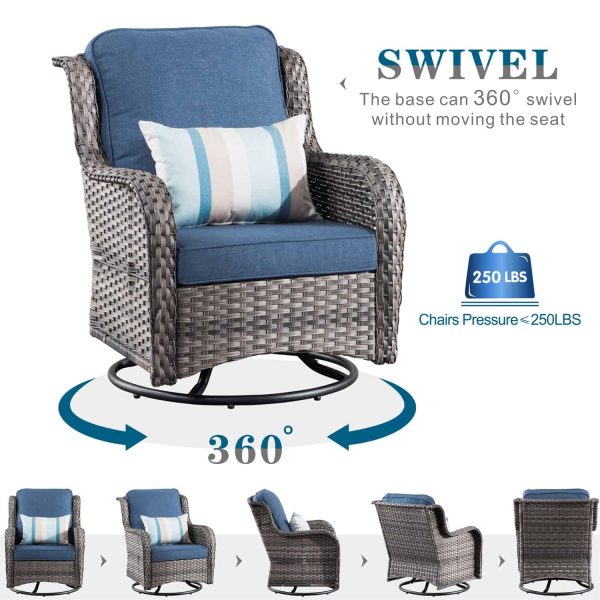 Ovios 2 Rattan Grey Rattan with Denim Blue Cushions Iron Frame Swivel Rocking Chair with Blue Cushioned Seat - Image 2