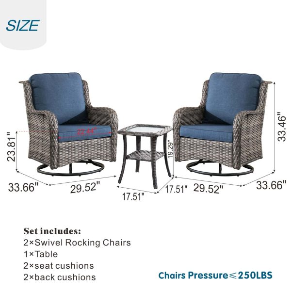 Ovios 2 Rattan Grey Rattan with Denim Blue Cushions Iron Frame Swivel Rocking Chair with Blue Cushioned Seat - Image 6