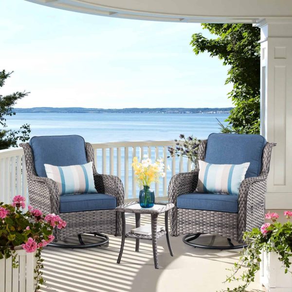 Ovios 2 Rattan Grey Rattan with Denim Blue Cushions Iron Frame Swivel Rocking Chair with Blue Cushioned Seat - Image 8