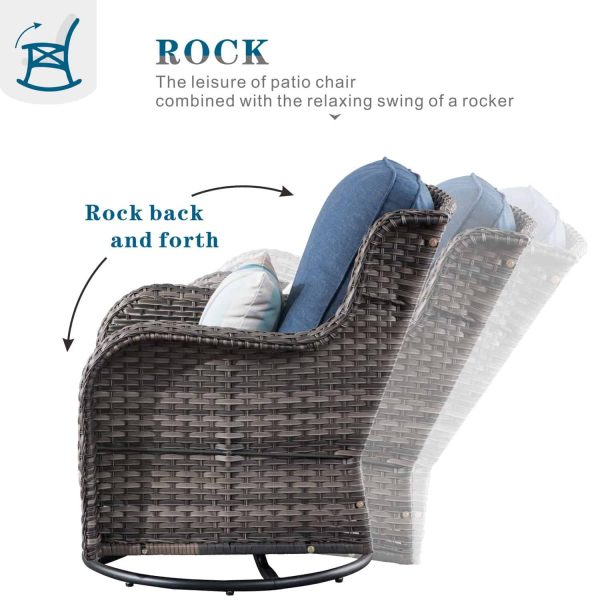 Ovios 2 Rattan Grey Rattan with Denim Blue Cushions Iron Frame Swivel Rocking Chair with Blue Cushioned Seat - Image 3