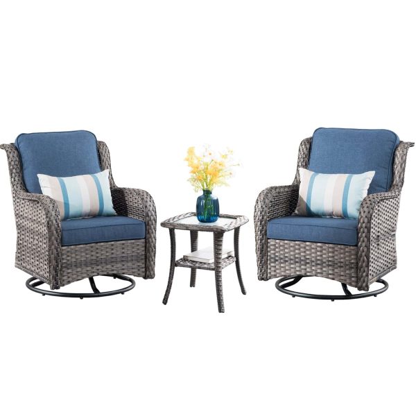 Ovios 2 Rattan Grey Rattan with Denim Blue Cushions Iron Frame Swivel Rocking Chair with Blue Cushioned Seat