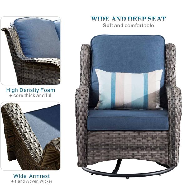 Ovios 2 Rattan Grey Rattan with Denim Blue Cushions Iron Frame Swivel Rocking Chair with Blue Cushioned Seat - Image 7