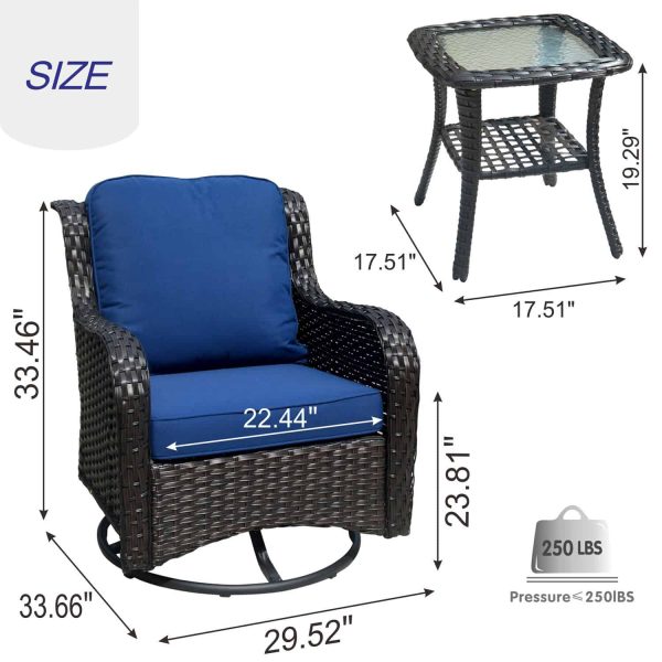 Ovios 2 Rattan Brown Rattan with Navy Blue Cushions Iron Frame Swivel Rocking Chair with Blue Cushioned Seat - Image 2