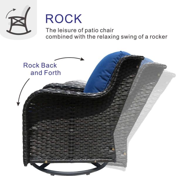 Ovios 2 Rattan Brown Rattan with Navy Blue Cushions Iron Frame Swivel Rocking Chair with Blue Cushioned Seat - Image 4