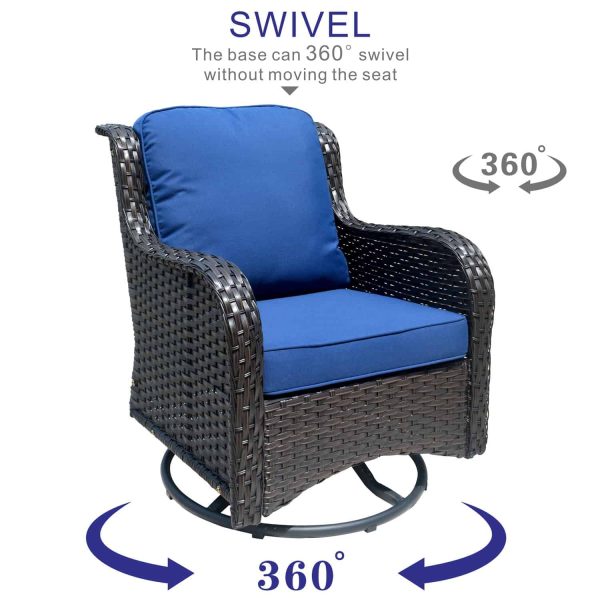 Ovios 2 Rattan Brown Rattan with Navy Blue Cushions Iron Frame Swivel Rocking Chair with Blue Cushioned Seat - Image 3