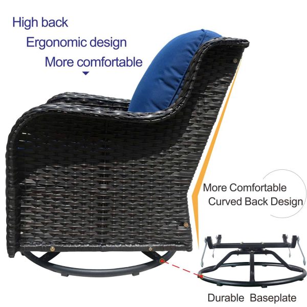 Ovios 2 Rattan Brown Rattan with Navy Blue Cushions Iron Frame Swivel Rocking Chair with Blue Cushioned Seat - Image 5