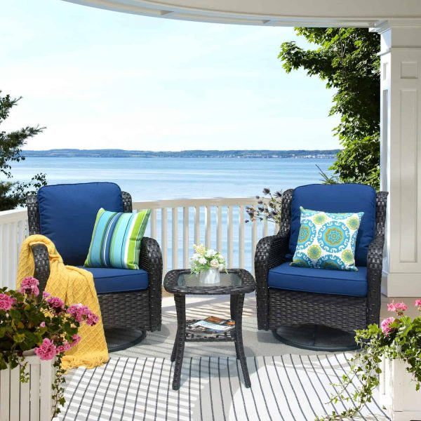 Ovios 2 Rattan Brown Rattan with Navy Blue Cushions Iron Frame Swivel Rocking Chair with Blue Cushioned Seat - Image 8