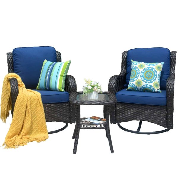 Ovios 2 Rattan Brown Rattan with Navy Blue Cushions Iron Frame Swivel Rocking Chair with Blue Cushioned Seat