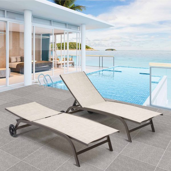 Crestlive Products Patio chaise lounge Set of 2 Aluminum Frame In Classic Brown with Off-white Textilene Fabric Sling Seat - Image 9