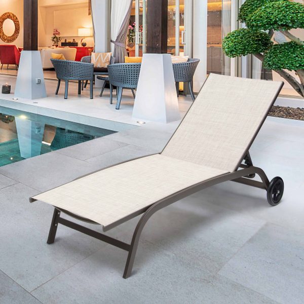 Crestlive Products Patio chaise lounge Set of 2 Aluminum Frame In Classic Brown with Off-white Textilene Fabric Sling Seat - Image 8