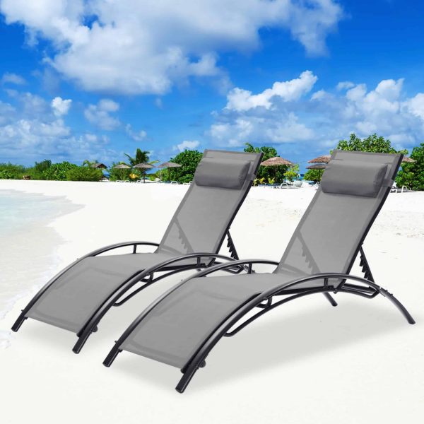 Patio Chair Set of 2 Metal Frame Stationary Chaise Lounge Chair(s) with Gray Textilene Sling Seat