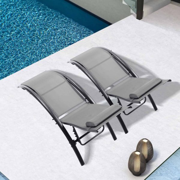 Patio Chair Set of 2 Metal Frame Stationary Chaise Lounge Chair(s) with Gray Textilene Sling Seat - Image 3