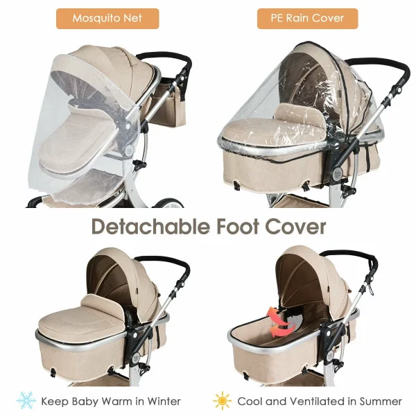 Costway Folding Aluminum Infant Bassinet Reversible Baby Stroller W/ Diaper Bag Beige - Image 4