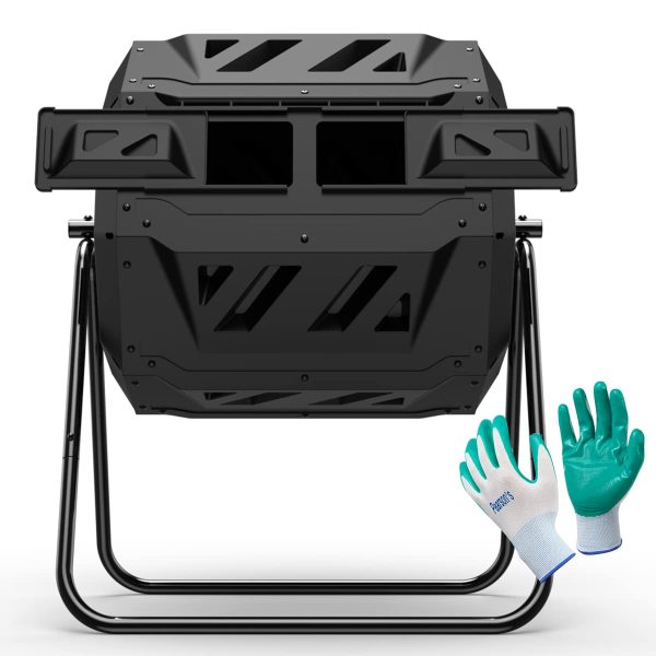 Compost Tumbler Bin Composter Dual Chamber 43 Gallon (Bundled with Pearson s Gardening Gloves)