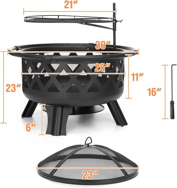 AKSG 2 in 1 Fire Pit with Cooking Grate 30  Wood Burning Firepit Outdoor Fire Pits Steel Firepit Bowl Outside with Swivel BBQ Grill, Spark Screen, Poker for Backyard Garden Bonfire Patio - Image 6