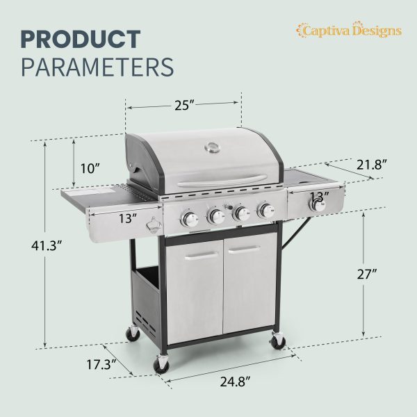Captiva Designs 4-Burner Propane Gas BBQ Grill with Side Burner   Porcelain-Enameled Cast Iron Grates - Image 2