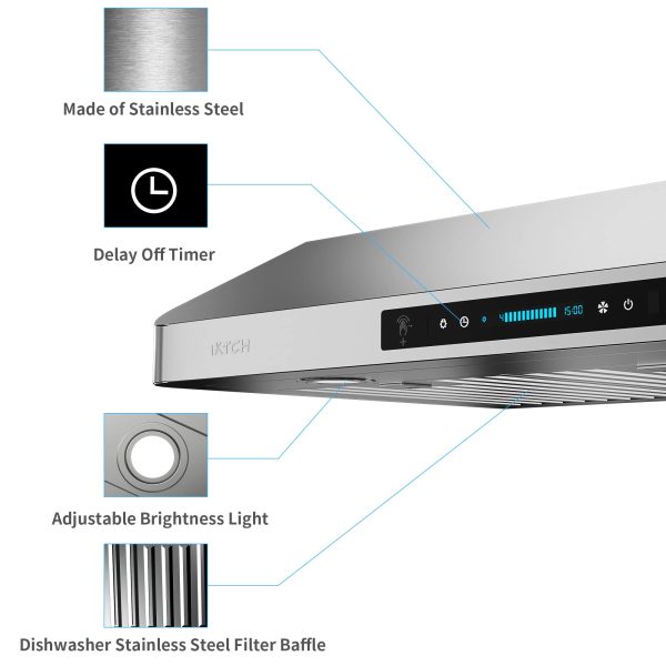 IKTCH 30 Inch Under Cabinet Range Hood with 900-CFM, 4 Speed Gesture Sensing   Touch Control Panel (IKC01-30) - Image 4