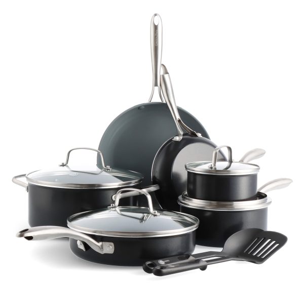 Swift Healthy Ceramic Nonstick, 12 Piece Cookware Pots and Pans Set, Black