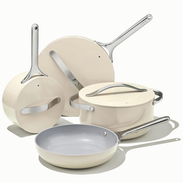 Caraway Nonstick Ceramic Cookware Set (12 Piece) Pots, Pans, 3 Lids and Kitchen Storage   Cream