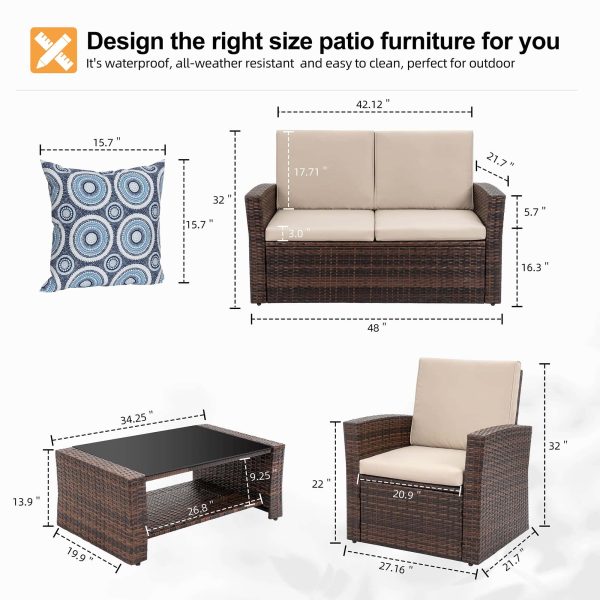 Shintenchi Outdoor Patio Furniture 4 Piece Set, Wicker Rattan Sectional Sofa Couch with Glass Coffee Table | Brown - Image 3