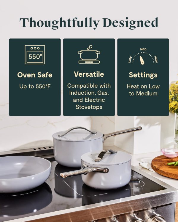 Caraway Nonstick Ceramic Cookware Set (12 Piece) Pots, Pans, 3 Lids and Kitchen Storage   Cream - Image 5
