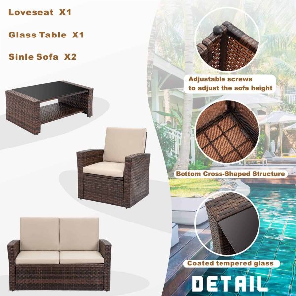 Shintenchi Outdoor Patio Furniture 4 Piece Set, Wicker Rattan Sectional Sofa Couch with Glass Coffee Table | Brown - Image 4