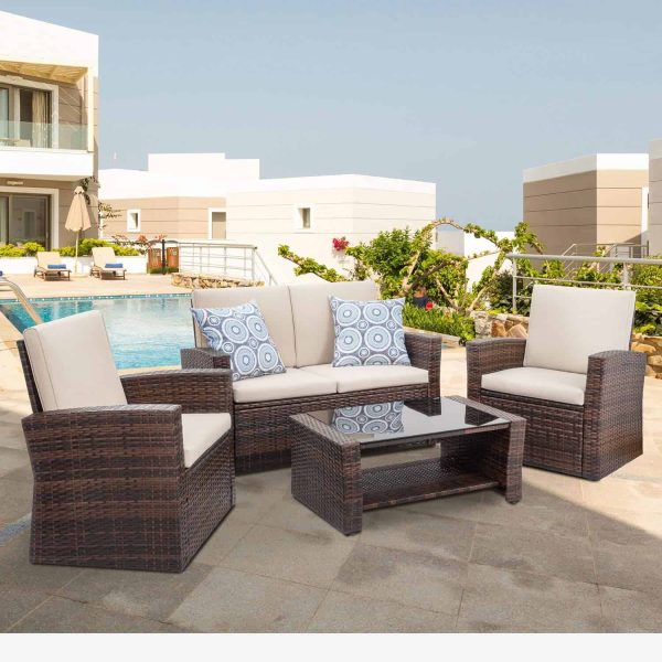 Shintenchi Outdoor Patio Furniture 4 Piece Set, Wicker Rattan Sectional Sofa Couch with Glass Coffee Table | Brown - Image 7