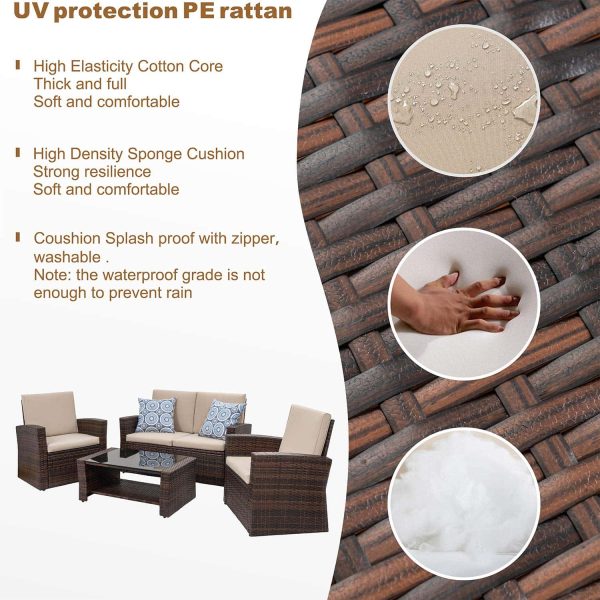 Shintenchi Outdoor Patio Furniture 4 Piece Set, Wicker Rattan Sectional Sofa Couch with Glass Coffee Table | Brown - Image 5