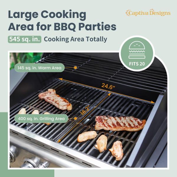 Captiva Designs 4-Burner Propane Gas BBQ Grill with Side Burner   Porcelain-Enameled Cast Iron Grates - Image 5