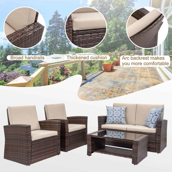 Shintenchi Outdoor Patio Furniture 4 Piece Set, Wicker Rattan Sectional Sofa Couch with Glass Coffee Table | Brown - Image 6