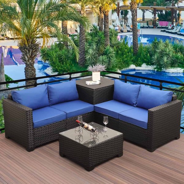 Outdoor PE Wicker Furniture Set 4 Piece Patio Black Rattan Sectional Loveseat Couch Set Conversation Sofa
