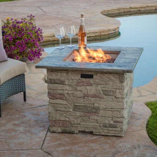 Awalua 32  Square MGO Fire Pit with Grey Top   40,000 BTU, Natural Stone