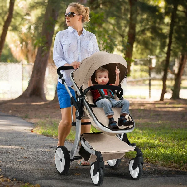 Costway Folding Aluminum Infant Bassinet Reversible Baby Stroller W/ Diaper Bag Beige - Image 9