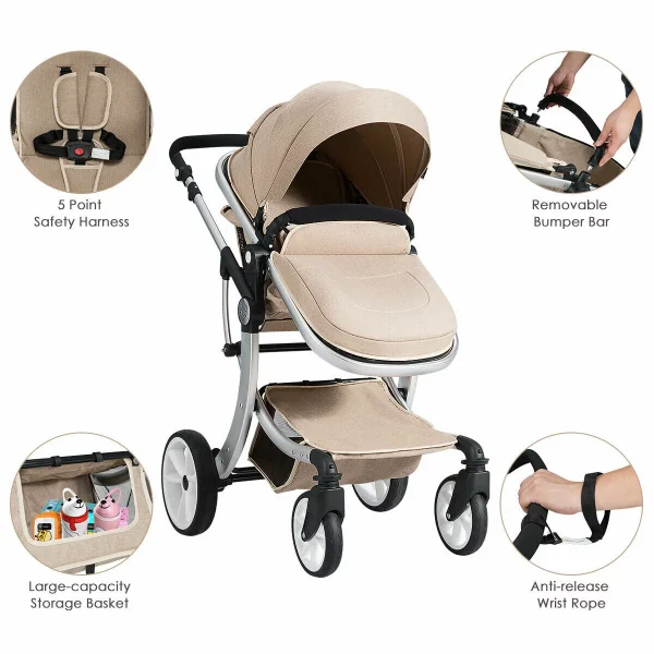 Costway Folding Aluminum Infant Bassinet Reversible Baby Stroller W/ Diaper Bag Beige - Image 7