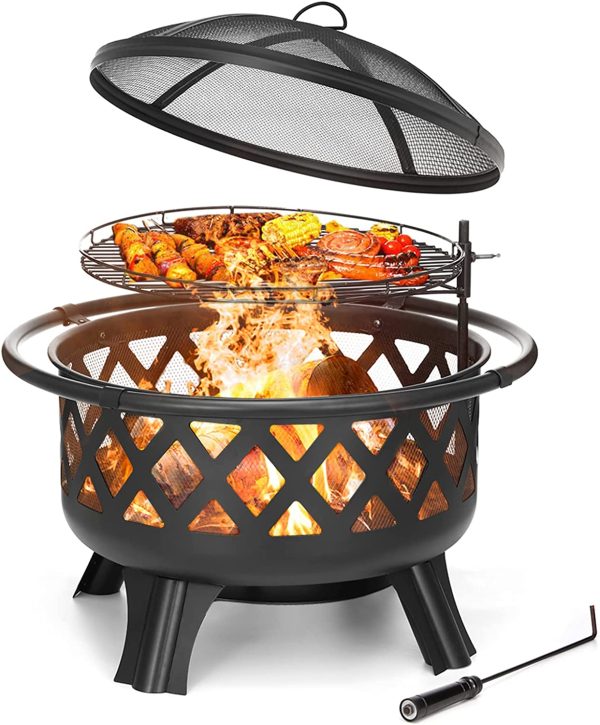 AKSG 2 in 1 Fire Pit with Cooking Grate 30  Wood Burning Firepit Outdoor Fire Pits Steel Firepit Bowl Outside with Swivel BBQ Grill, Spark Screen, Poker for Backyard Garden Bonfire Patio