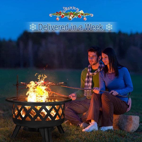 AKSG 2 in 1 Fire Pit with Cooking Grate 30  Wood Burning Firepit Outdoor Fire Pits Steel Firepit Bowl Outside with Swivel BBQ Grill, Spark Screen, Poker for Backyard Garden Bonfire Patio - Image 2