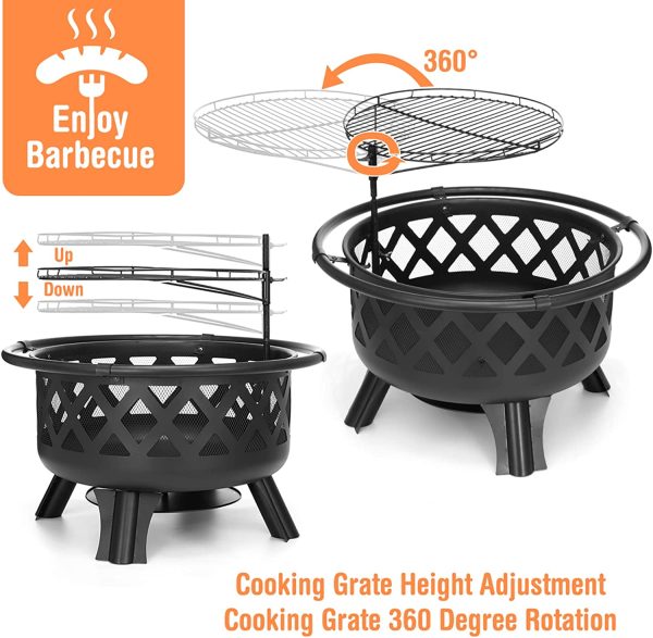 AKSG 2 in 1 Fire Pit with Cooking Grate 30  Wood Burning Firepit Outdoor Fire Pits Steel Firepit Bowl Outside with Swivel BBQ Grill, Spark Screen, Poker for Backyard Garden Bonfire Patio - Image 3