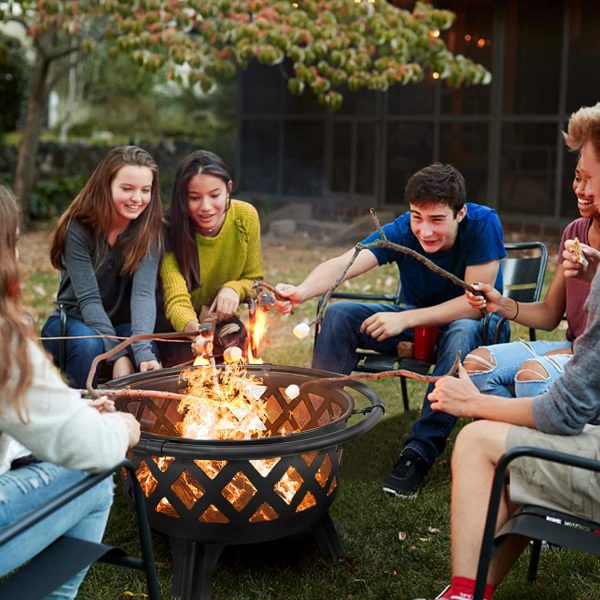 AKSG 2 in 1 Fire Pit with Cooking Grate 30  Wood Burning Firepit Outdoor Fire Pits Steel Firepit Bowl Outside with Swivel BBQ Grill, Spark Screen, Poker for Backyard Garden Bonfire Patio - Image 7