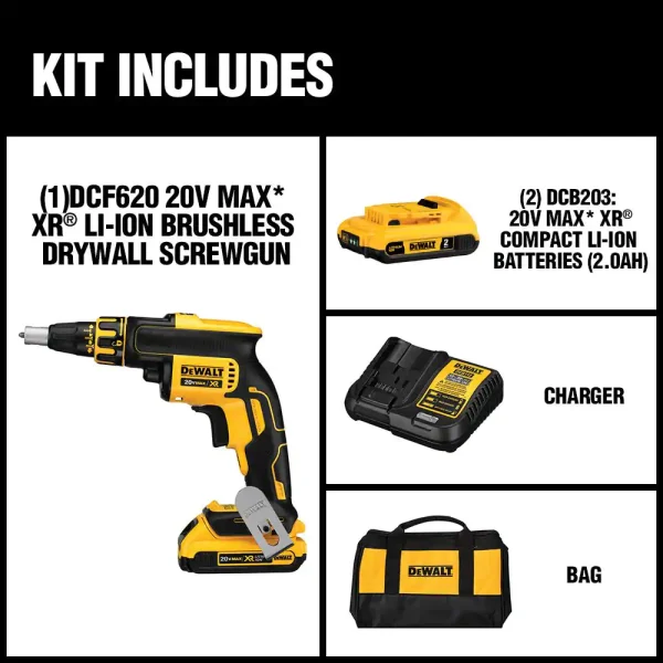 DCF620D2 20-Volt MAX XR Cordless Brushless Drywall Screw Gun with (2) 20-Volt 2.0Ah Batteries   Charger - Image 2