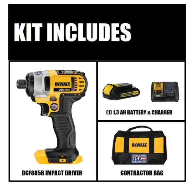 DCF885C1 20-Volt MAX Cordless 1/4 in. Impact Driver, (1) 20-Volt 1.3Ah Battery, Charger   Bag - Image 2